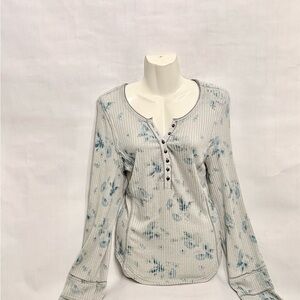 Free People Light Gray Ribbed Henley with Blue Floral Print